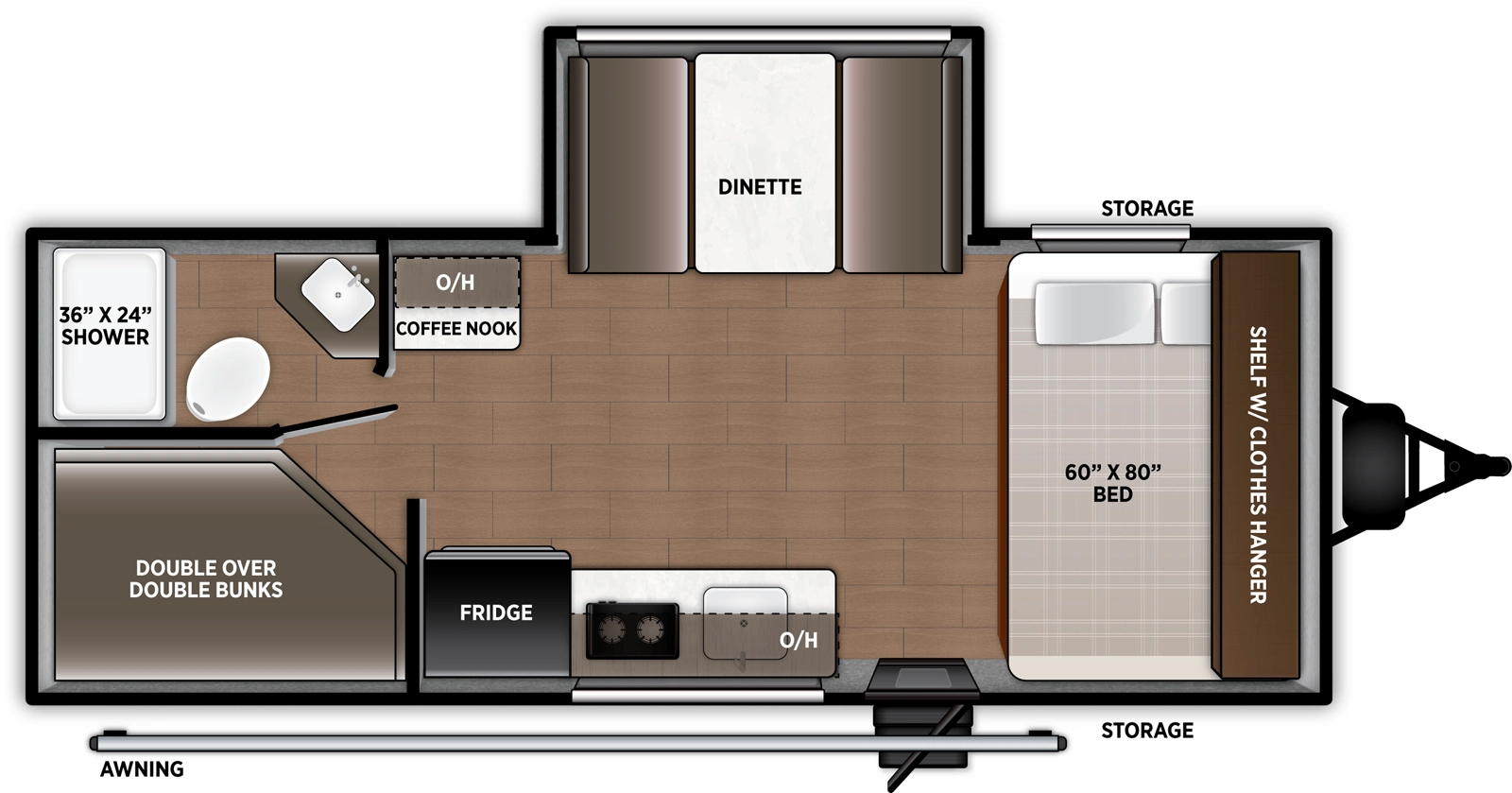 The Airelume 170 floorplan has one entry and one slide out. Exterior features include: metal exterior and 15' awning. Interiors features include: bunk beds and front bedroom.